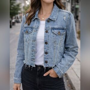 Pistola Cropped Denim Jacket Size S Blue Distressed Jean Jacket Frayed Hem